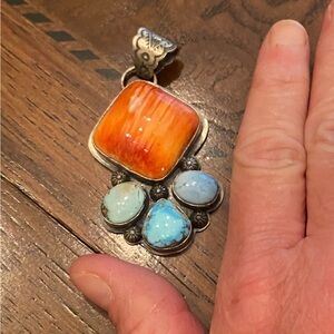 Navajo Sterling Silver Orange and Turquoise Multi-Stone Pendant